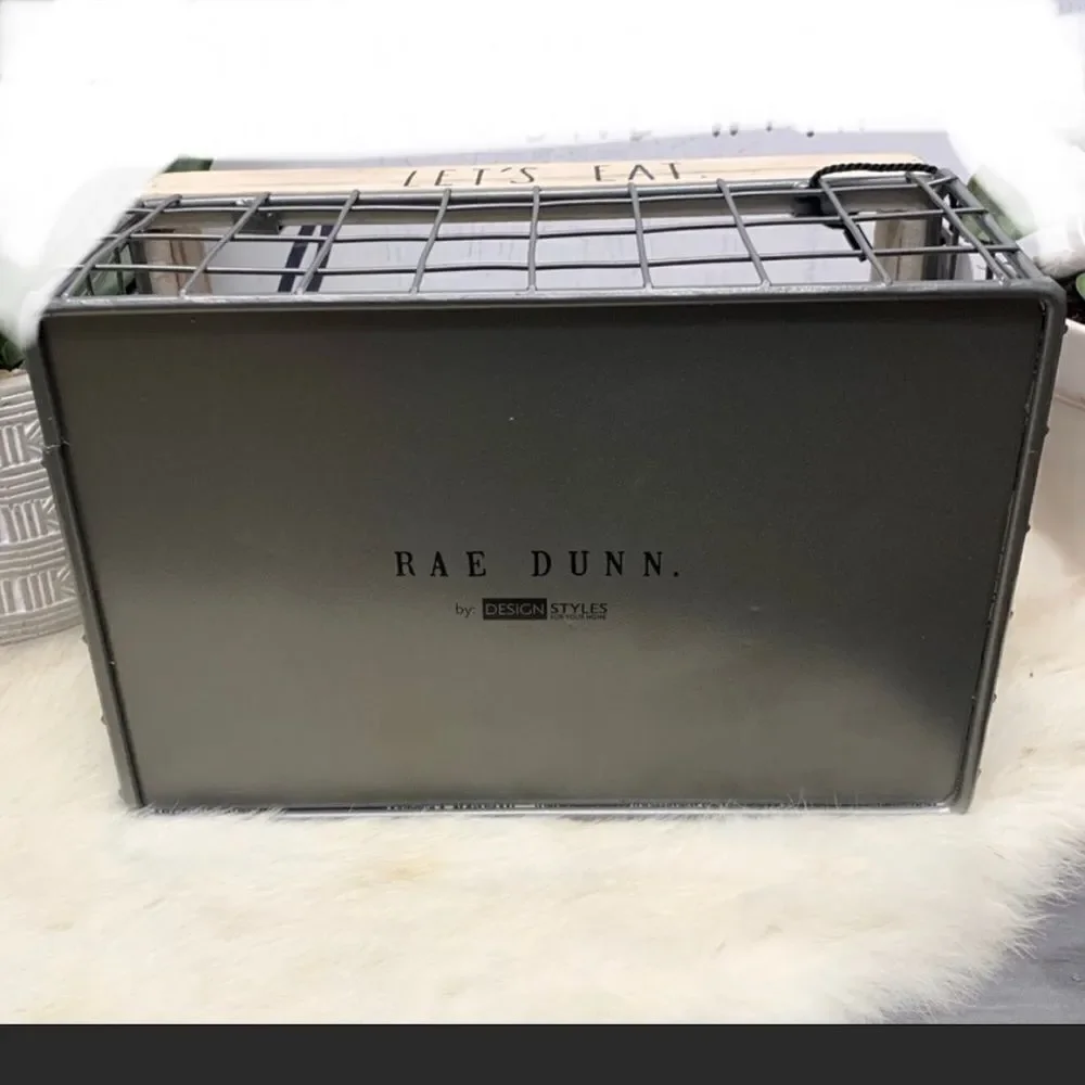 NWT Rae Dunn Let’s eat Caddy Utensils Organizer wire Wood Handle Big Lettering